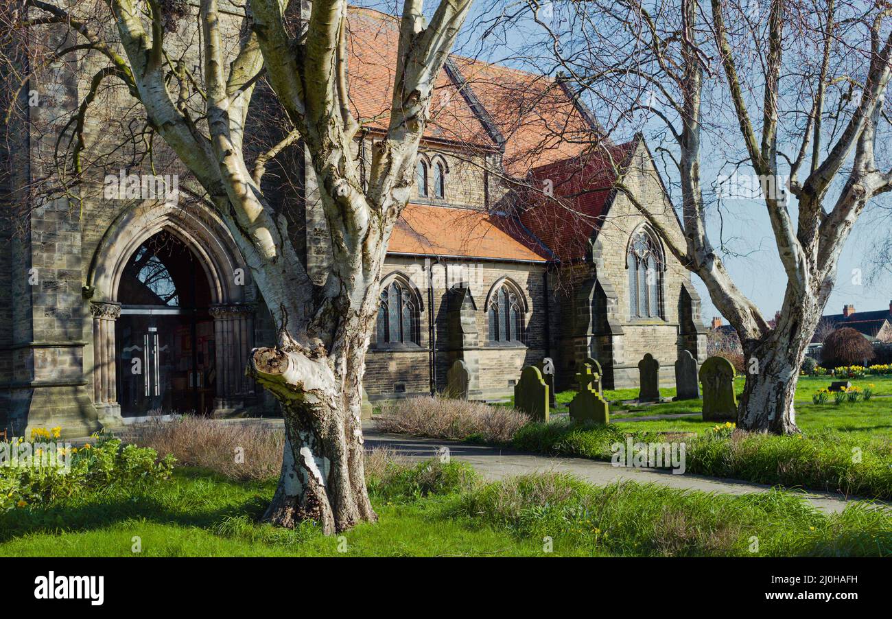 St Nicholas Church with view of gravestones and flanked by lawns and trees under blue sky on a fine sunny spring morninbg in Beverley, Yorkshire, UK. Stock Photo