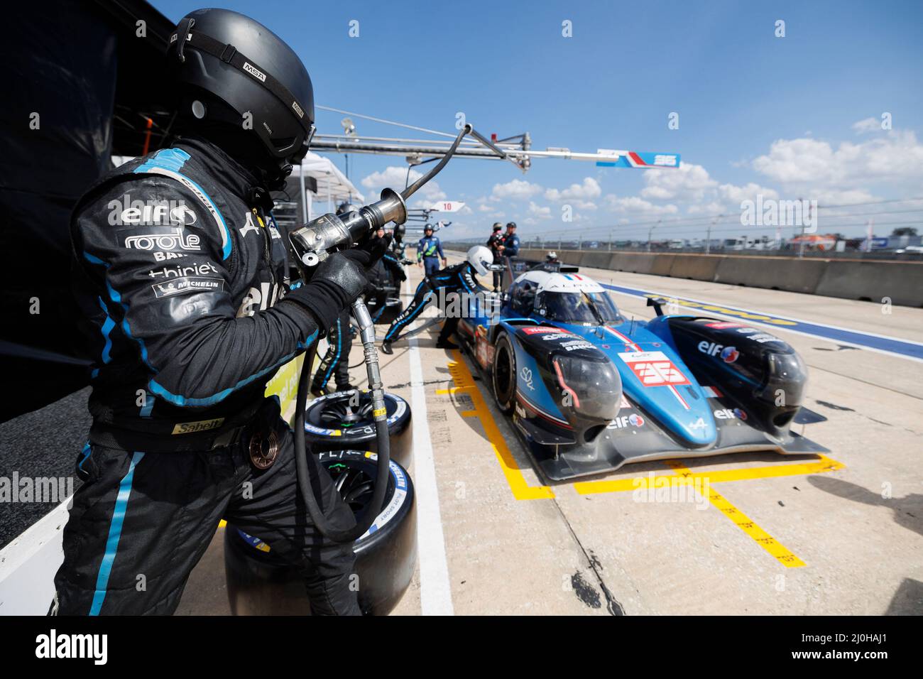 Sebring, USA. 18th Mar, 2022. 36 NEGRAO André (bra), LAPIERRE Nicolas  (fra), VAXIVIERE Matthieu (fra), Alpine Elf Team, Alpine A480 - Gibson,  action stand, pit lane , during the 1000 Miles of