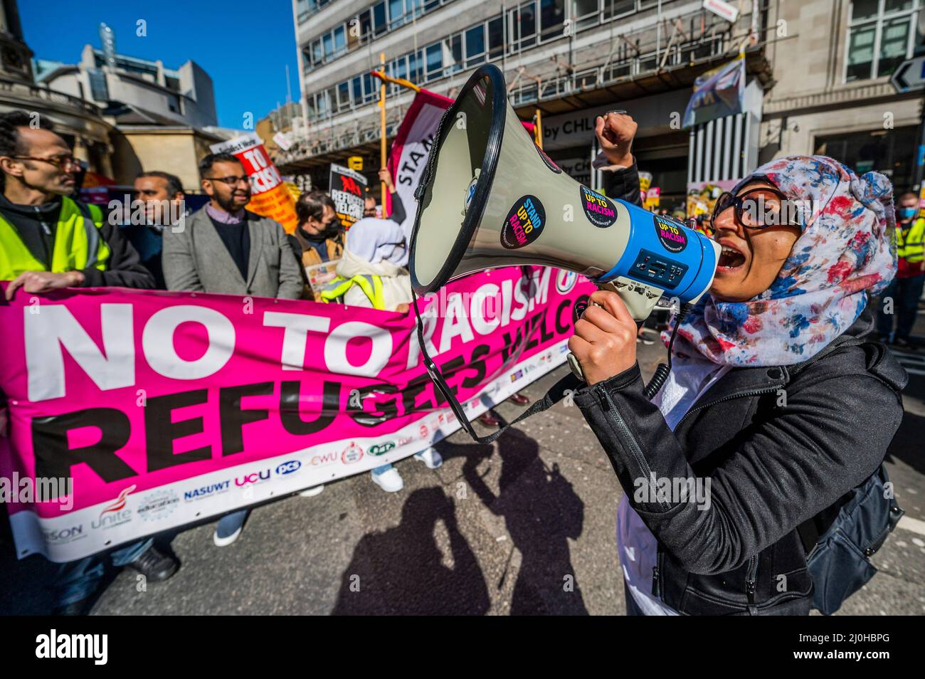 London, UK. 19th Mar, 2022. As part of a National demonstration a March Against Racism on UN Anti-Racism Day 2022. The march starts outside the BBC on Langham Place and was organised by Say No to Racism supported by several unions. Credit: Guy Bell/Alamy Live News Stock Photo