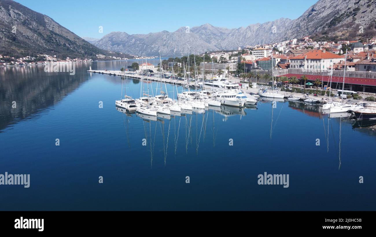 Aerial view of the harbor with many yachts in Kotor Stock Photo - Alamy
