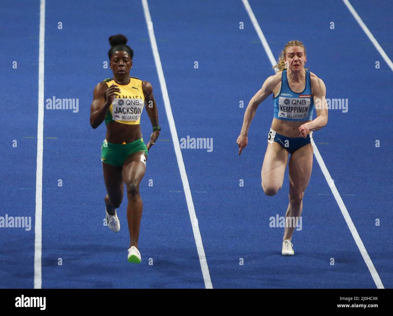 Shericka JACKSON of Jamaica, Lotta KEMPPINEN of Finland, 1/2 Final 60 M