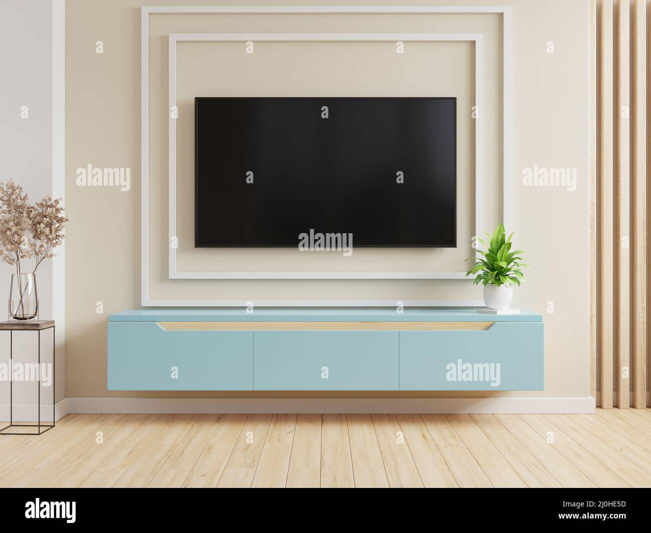 TV on the blue in modern living room on cream color wall