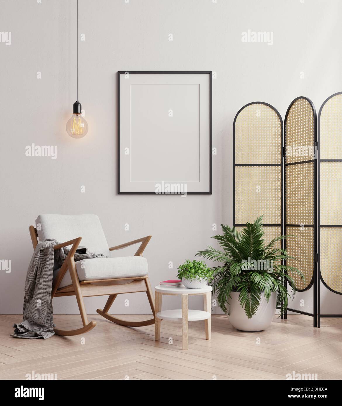 Mock up poster frame in modern interior on white plaster wall ...