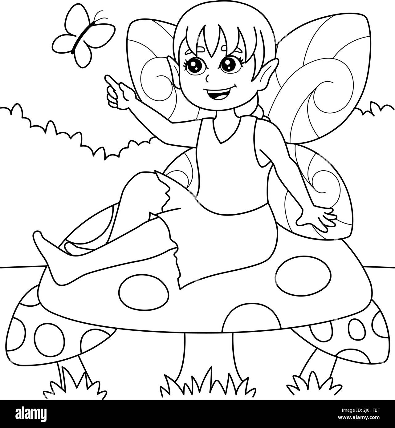 Fairy Sitting On A Mushroom Coloring Page for Kids Stock Vector