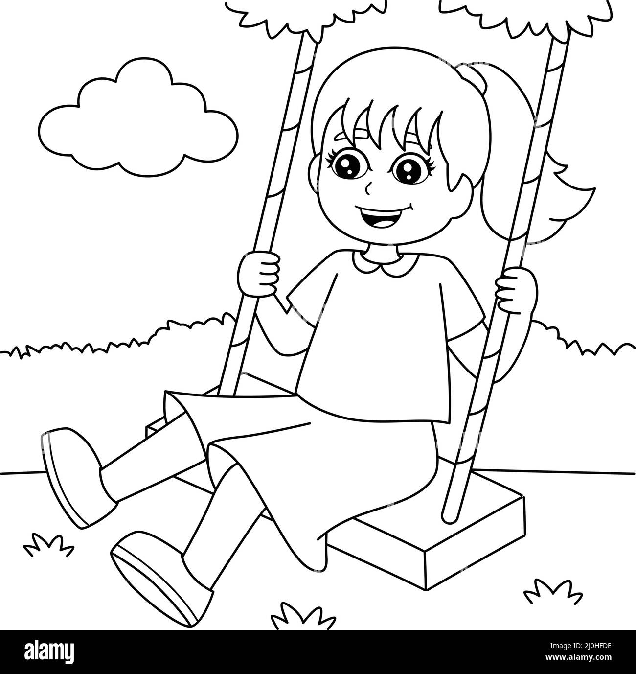 Girl On A Swing Coloring Page for Kids Stock Vector