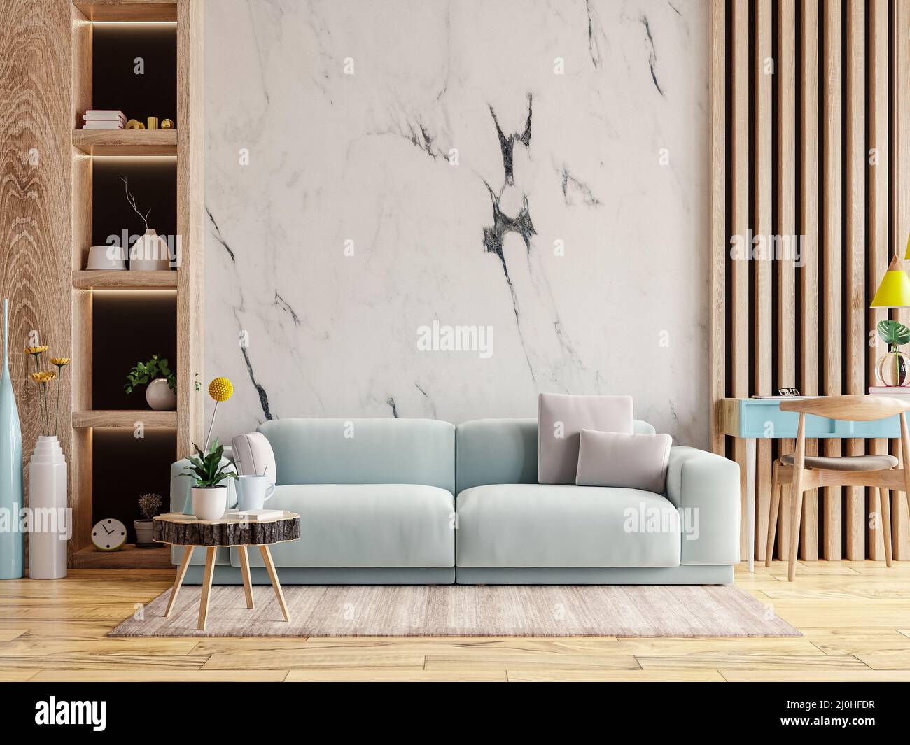 Modern interior of living room have blue sofa with coffee table and working table on marble wall