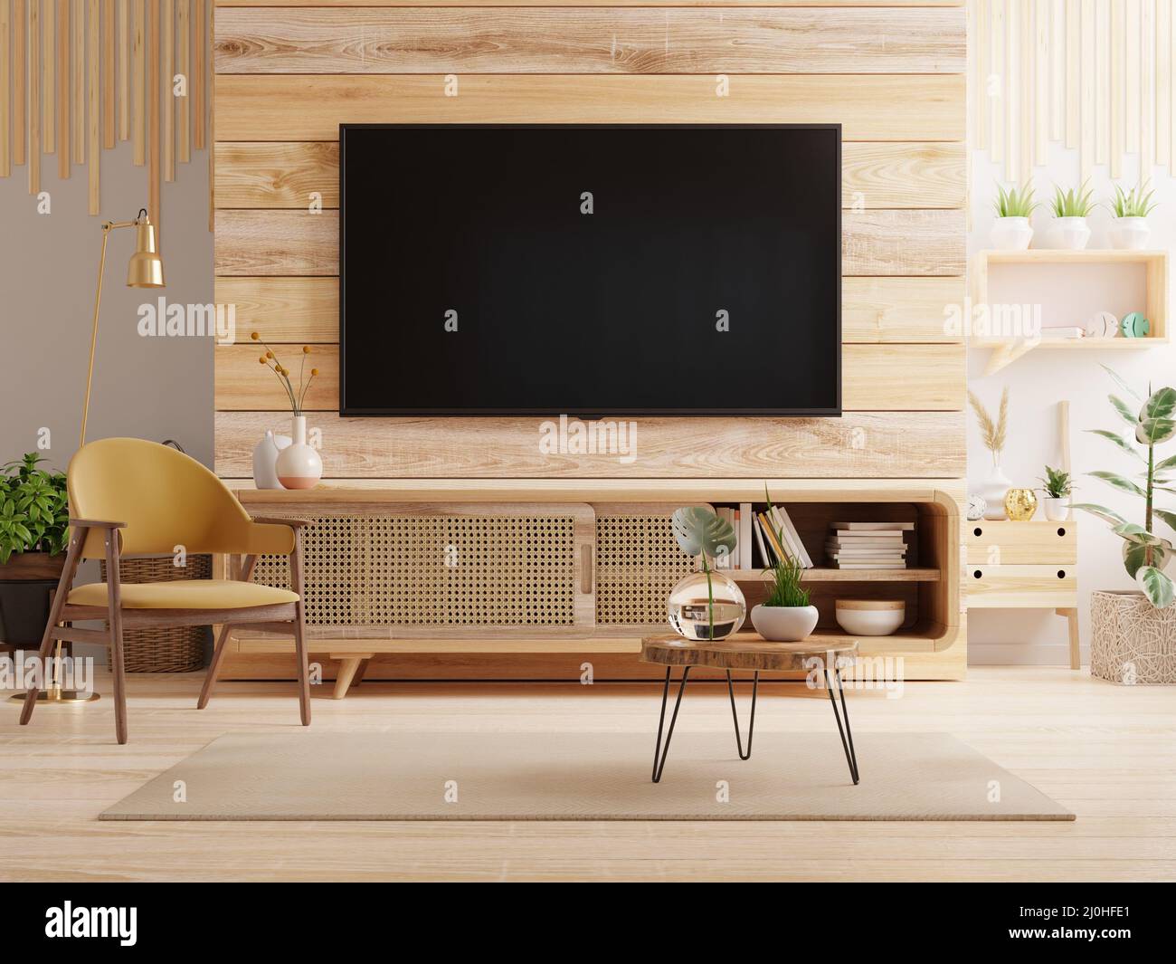 TV LED on the cabinet in modern living room with armchair on wooden wall   rendering Stock Photo - Alamy