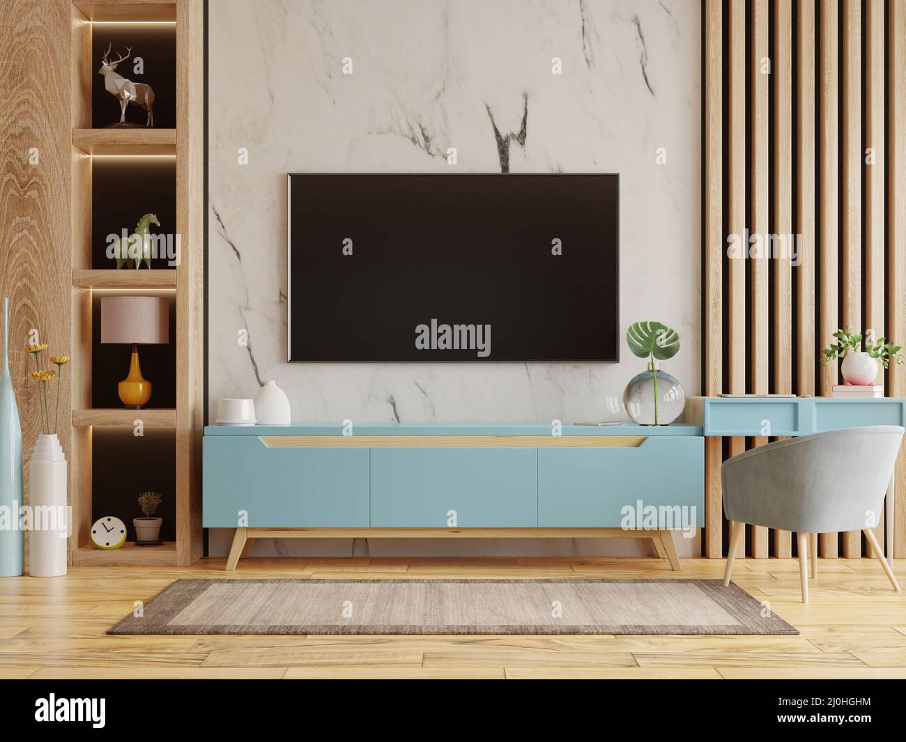 Home interior with armchair and tv cabinet on empty marble wall background.3D rendering Stock Photo