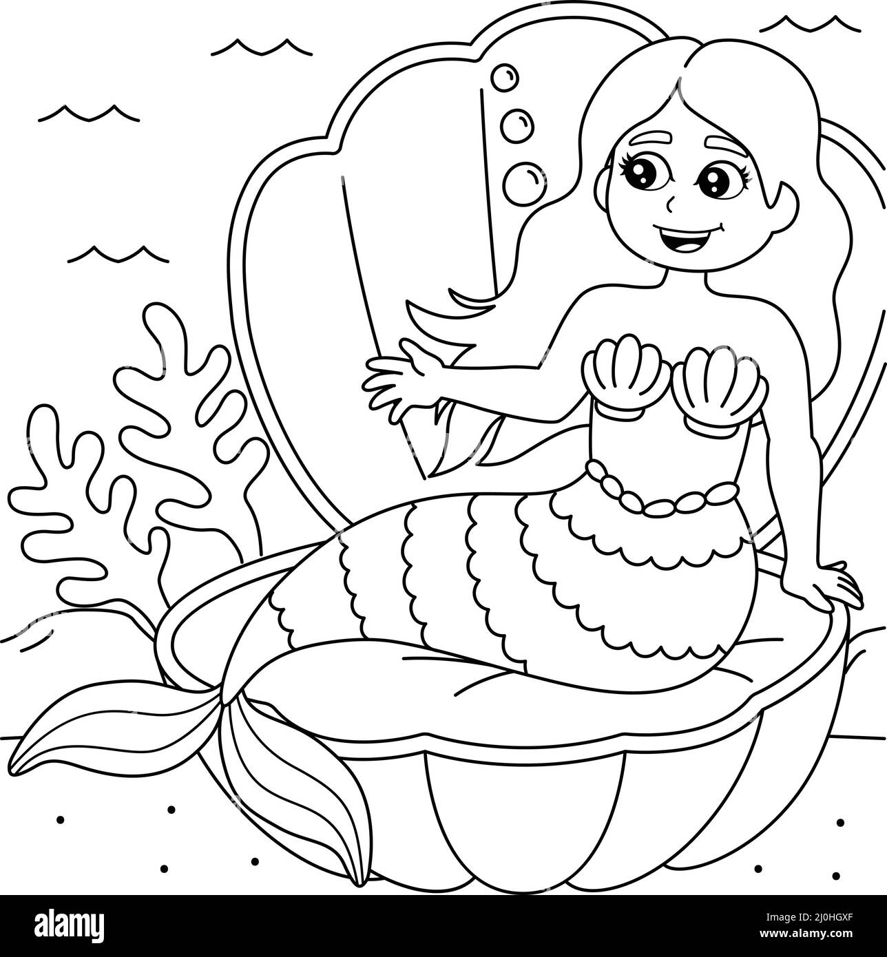 Mermaid Sitting In A Shell Coloring Page for Kids Stock Vector