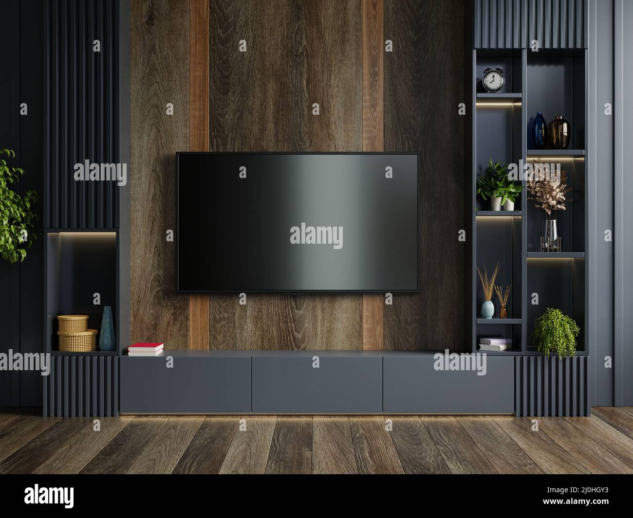 Wooden wall mounted tv in modern living room with decoration on dark
