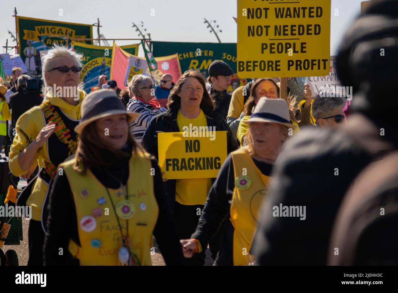 Blackpool, UK. 19th Mar, 2022. Protesters hold placards expressing their opinion during the demonstration. Protesters gathered outside the Winter Gardens where the Conservative Spring conference was taking place from to protest against many different issues from fracking to Police Sentencing and Crime Bill. (Photo by Jake Lindley/SOPA Images/Sipa USA) Credit: Sipa USA/Alamy Live News Stock Photo