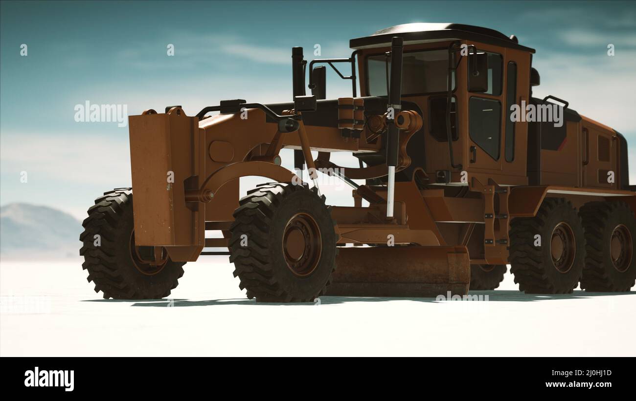 Road grading machine on the salt desert road Stock Photo Alamy