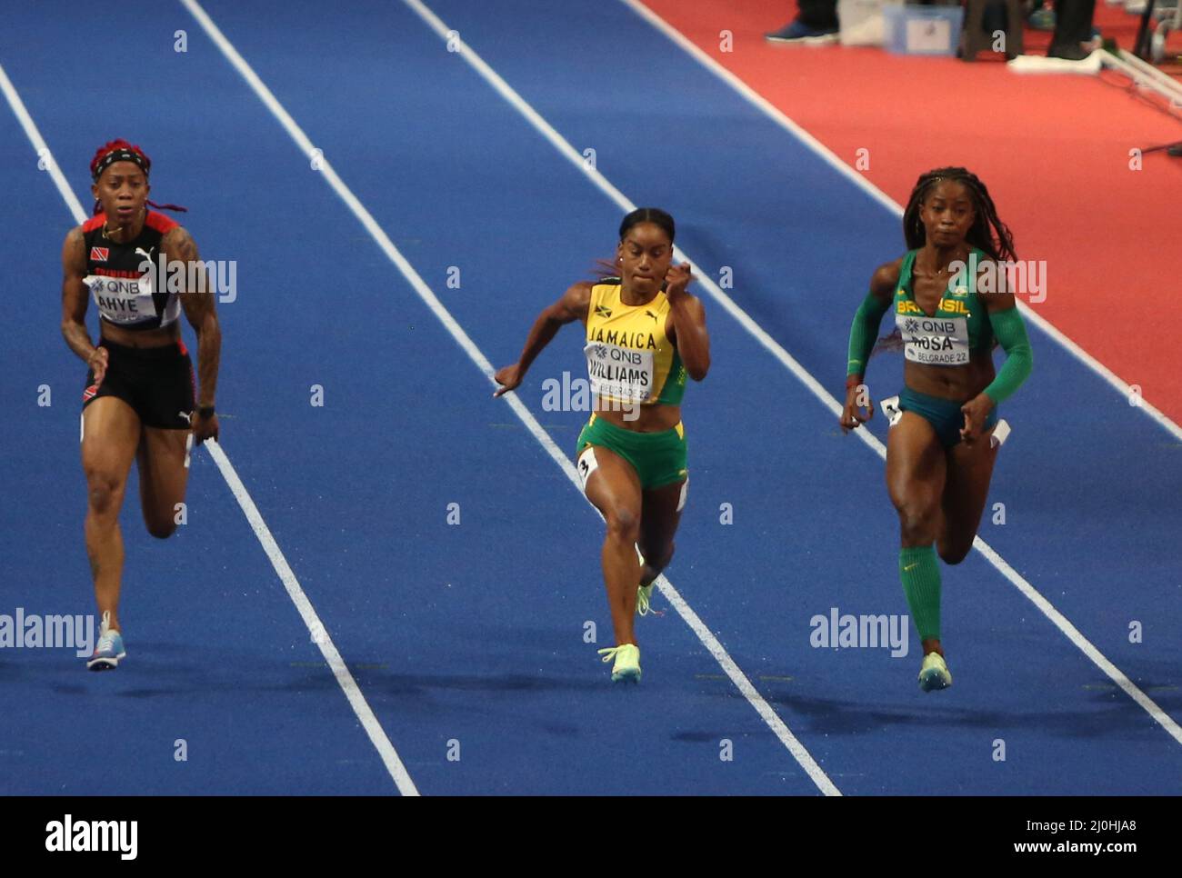 Michelle-Lee AHYE of Trinidad, Briana WILLIAMS of Jamaica and Vitoria Cristina ROSA of Brazil, 1/2 Final 60 M Women during the World Athletics Indoor Championships 2022 on March 18, 2022 at Stark Arena in Belgrade, Serbia - Photo: Laurent Lairys/DPPI/LiveMedia Stock Photo