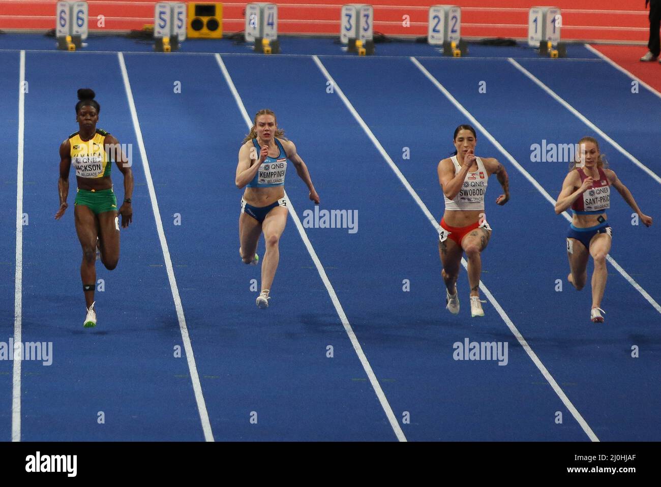 Shericka JACKSON of Jamaica, Lotta KEMPPINEN of Finland, Ewa SWOBODA of Poland, Marybeth SANT-PRICE of USA, 1/2 Final 60 M Women during the World Athletics Indoor Championships 2022 on March 18, 2022 at Stark Arena in Belgrade, Serbia - Photo: Laurent Lairys/DPPI/LiveMedia Stock Photo
