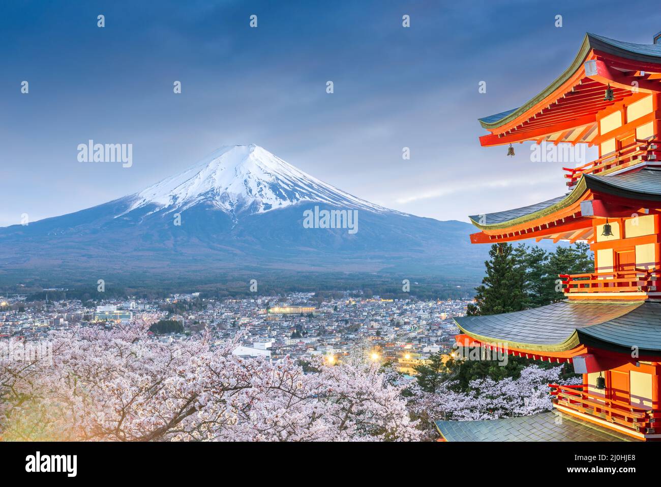 Mt. Fuji and pagoda as seen from Fujiyoshida, Japan during spring season with cherry blossoms. Stock Photo