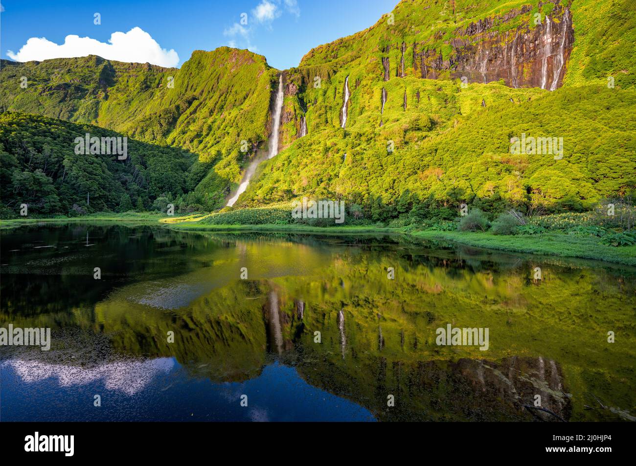 Poco da Ribeira do Ferreiro, Flores, Azores Islands. Waterfalls and landscape Stock Photo