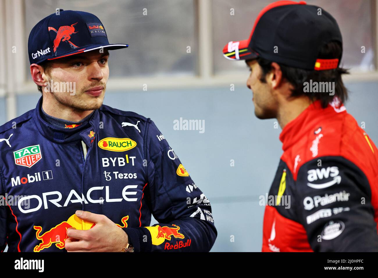 L To R Max Verstappen Nld Red Bull Racing With Carlos Sainz Jr Esp Ferrari In Qualifying Parc Ferme 19 03 22 Formula 1 World Championship Rd 1 Bahrain Grand Prix Sakhir Bahrain Qualifying L To R Max Verstappen Nld Red Bull Racing With Carlos Sainz Jr Esp Ferrari In Qualifying Parc Ferme 19 03 22 Formula 1 World Championship Rd 1 Bahrain Grand Prix Sakhir Bahrain Qualifying