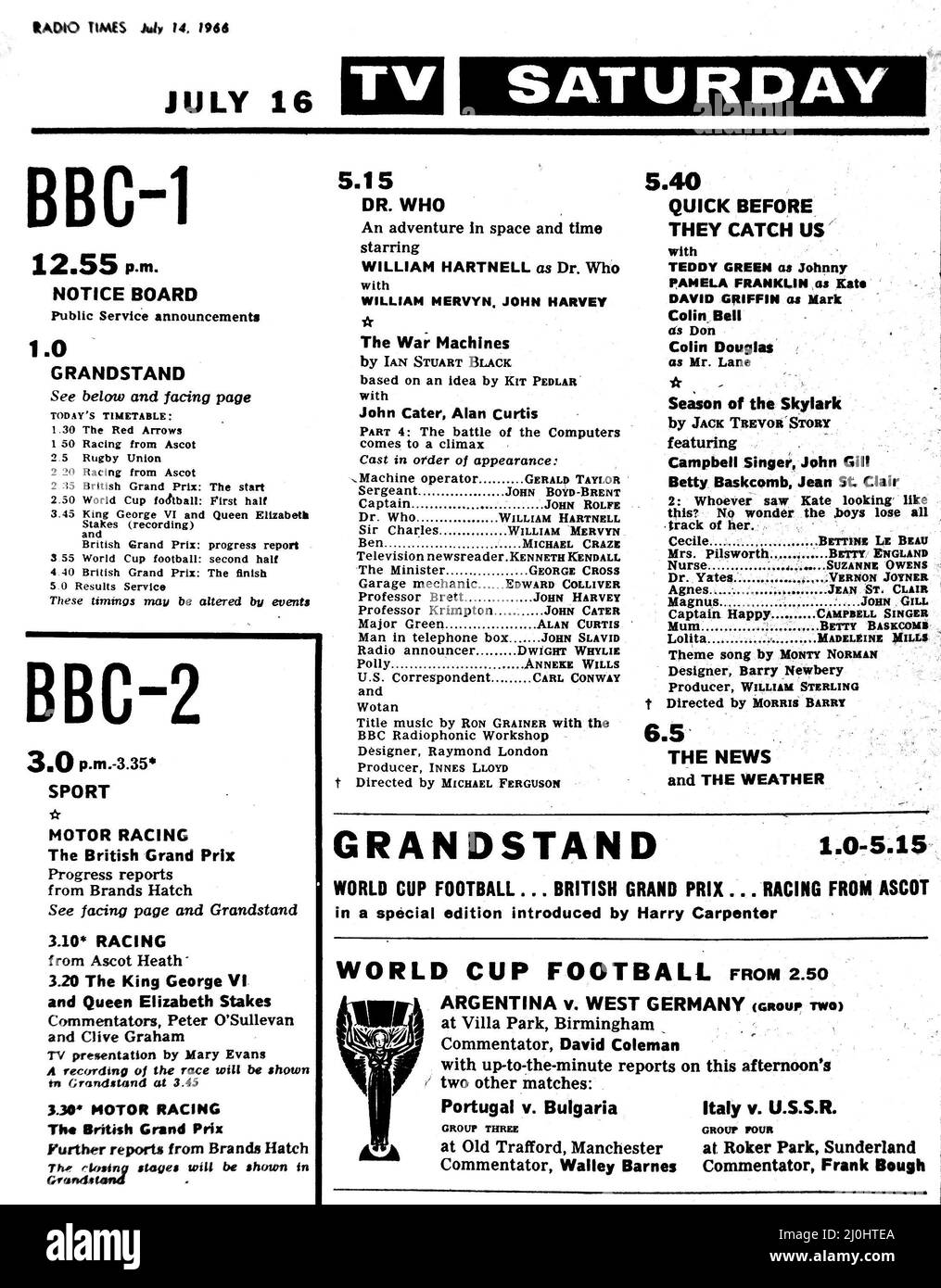 The Radio Times from the Sixties, Dr. Who is airing on Saturday tea-time, still with William Hartnell, and sports enthusiasts will note that this issue from 1966 is World Cup year, with West Germany one of three games covered on Grandstand. Front cover with airship on, plus inside page showing listings Stock Photo