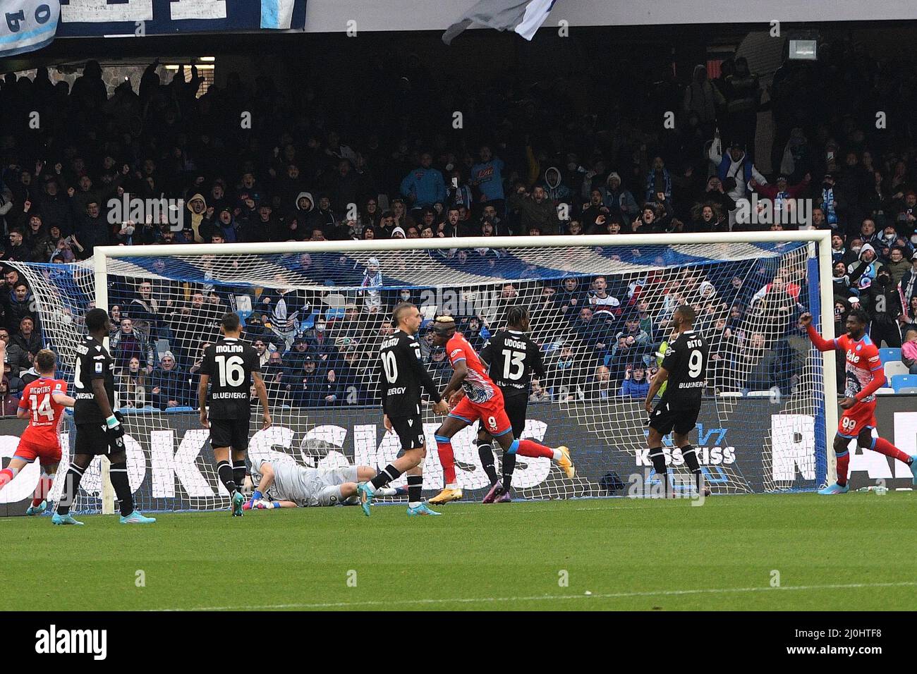 Victor Osimhen (SSC Napoli) marks the net of during the Serie A 2021/22  match between SSC. Napoli and Udinese Calcio at Diego Armando Maradona  Stadium, Italy March 19,2022 (Photo by Agostino Gemito/LiveMedia/Sipa