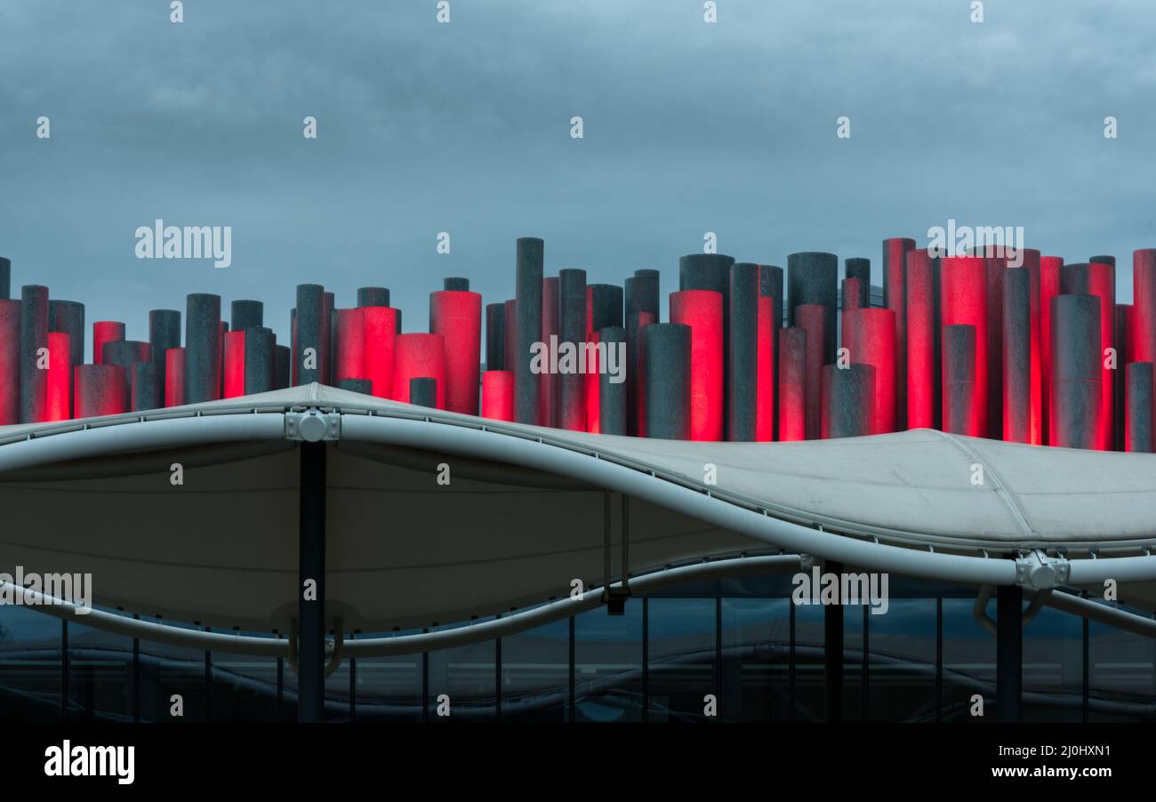 Industrial architecture with roof and illuminated tubes Stock Photo - Alamy