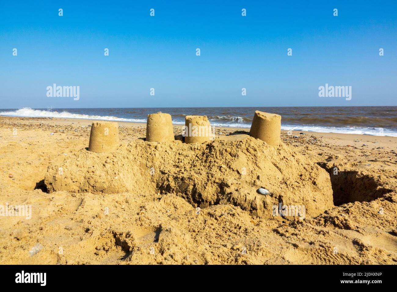 Sand castle on beach, California Norfolk, UK Stock Photo Alamy