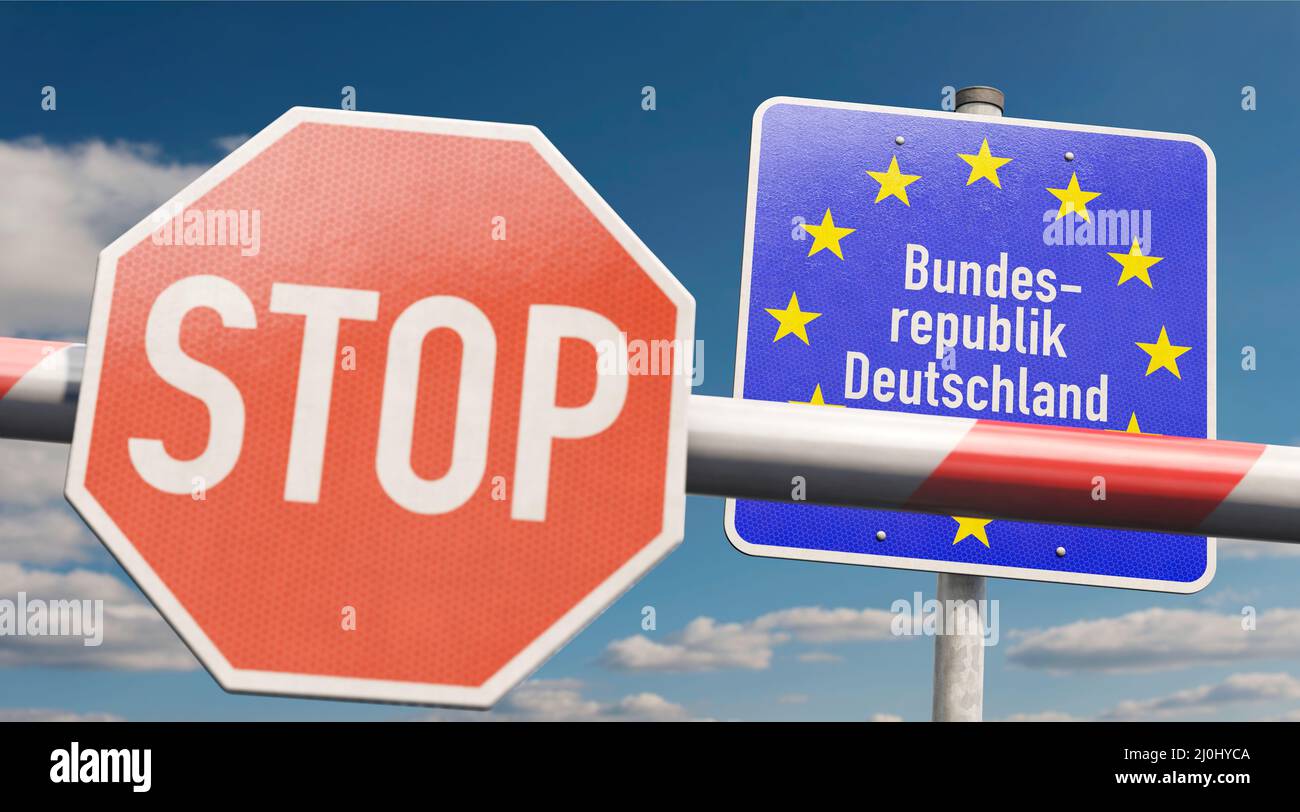 Barrier with STOP sign and info sign Bundesrepublik Deutschland (Federal Republic of Germany) Stock Photo