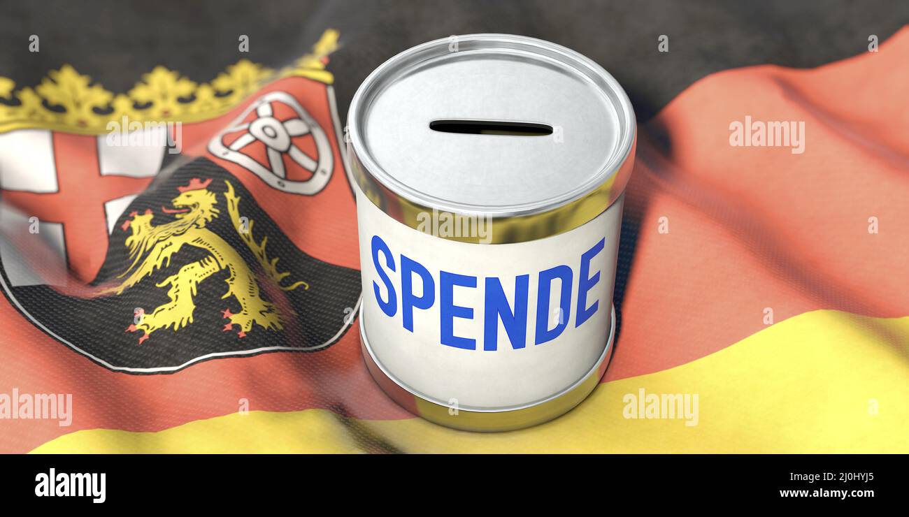 Donation box with German word Spende (Donation) on the Rhineland-Palatinate state flag Stock Photo