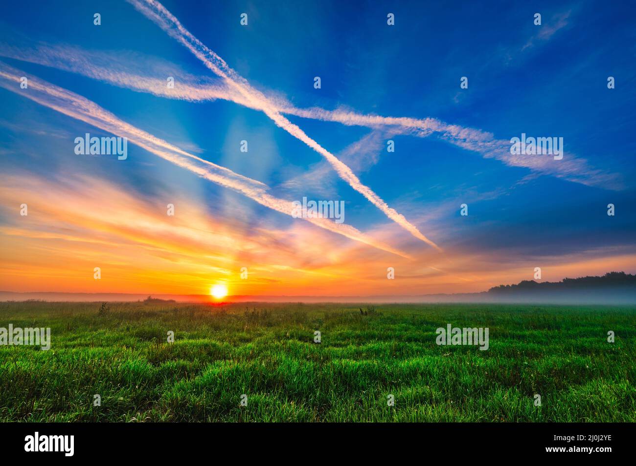 The sun's rays in the field at sunrise Stock Photo