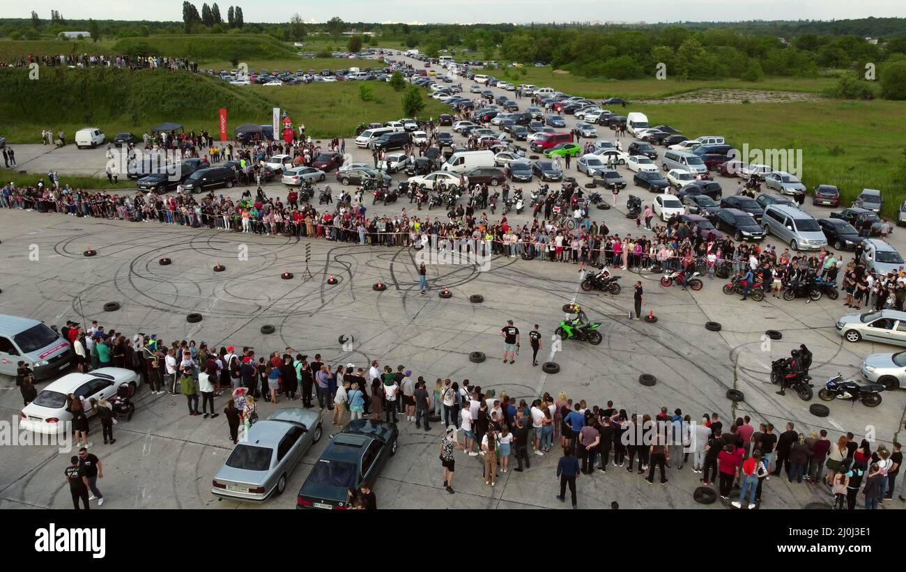 Drag recing. Car competition. Many people cars. Top view. Stock Photo