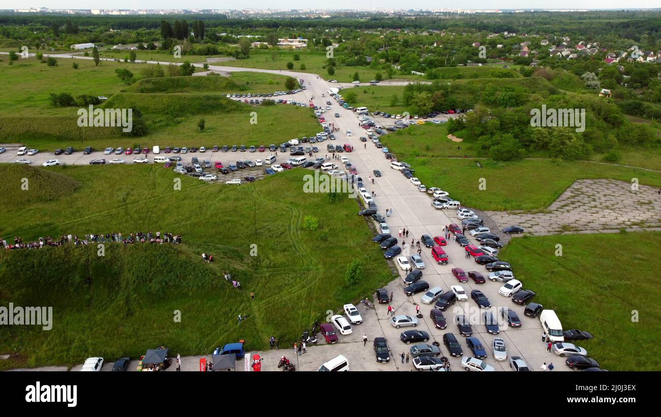 Drag recing. Car competition. Many people cars. Top view. Stock Photo