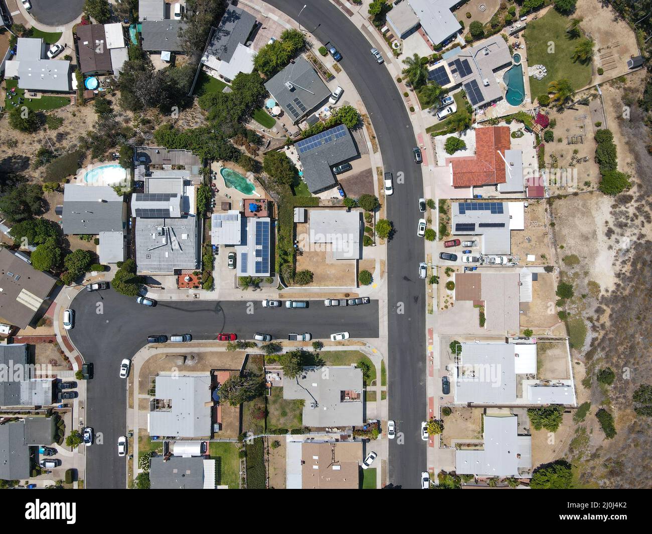 Aerial top view of small street with middle class houses in Mission City in San Diego Stock Photo