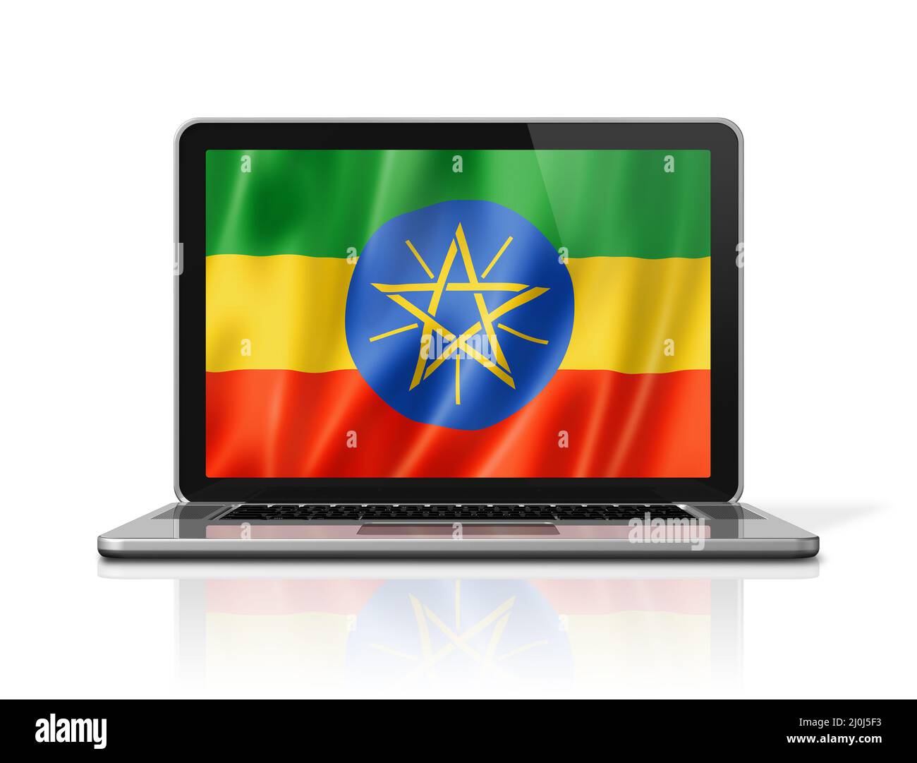 Ethiopian flag on laptop screen isolated on white. 3D illustration