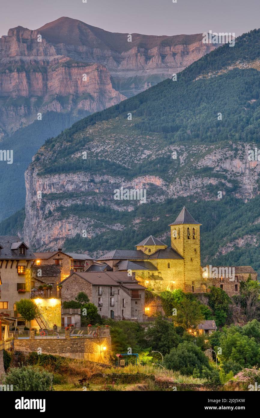The beautiful old village of Torla in the spanisch Pyrenees at dusk Stock Photo