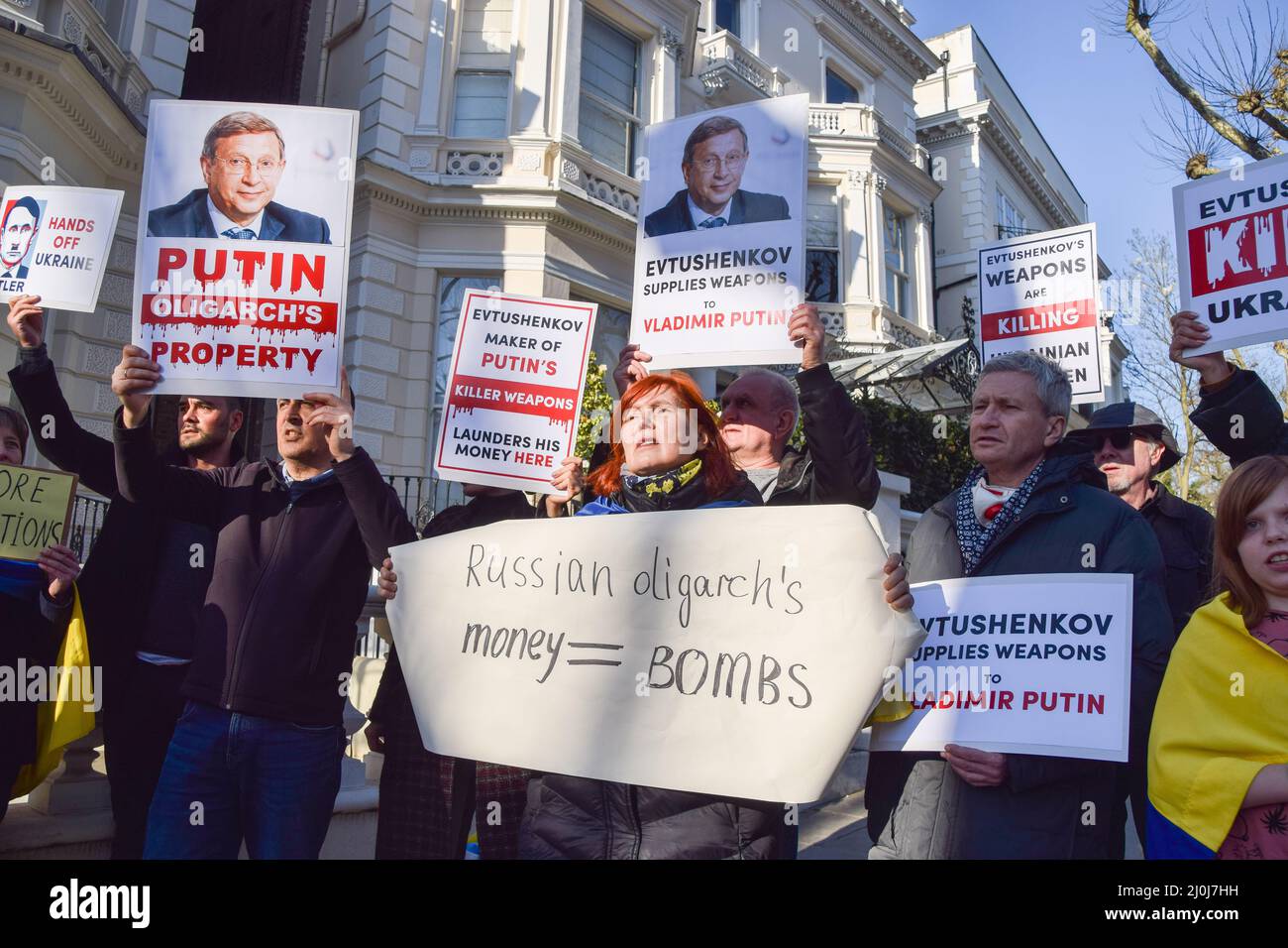 London, UK, 19th March 2022. Demonstrators gathered outside a mansion in  Holland Park owned by Russian oligarch Vladimir Yevtushenkov (aka  Evtushenkov), owner of Kronshtadt, part of Sistema Group, which the  protesters say