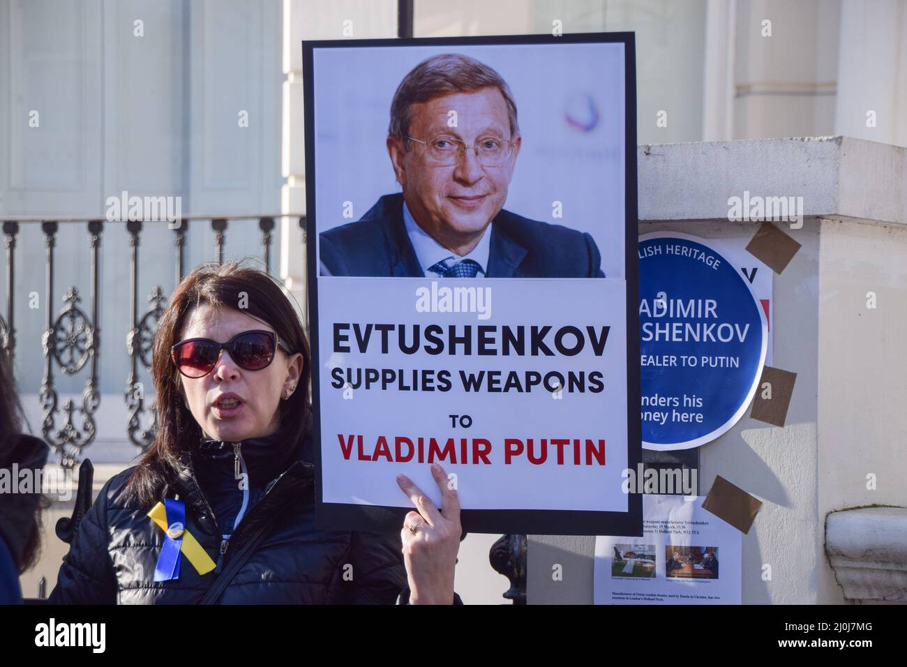 London, UK, 19th March 2022. Demonstrators gathered outside a mansion in  Holland Park owned by Russian oligarch Vladimir Yevtushenkov (aka  Evtushenkov), owner of Kronshtadt, part of Sistema Group, which the  protesters say