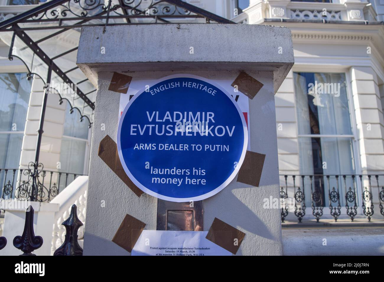 London, UK, 19th March 2022. Demonstrators gathered outside a mansion in  Holland Park owned by Russian oligarch Vladimir Yevtushenkov (aka  Evtushenkov), owner of Kronshtadt, part of Sistema Group, which the  protesters say