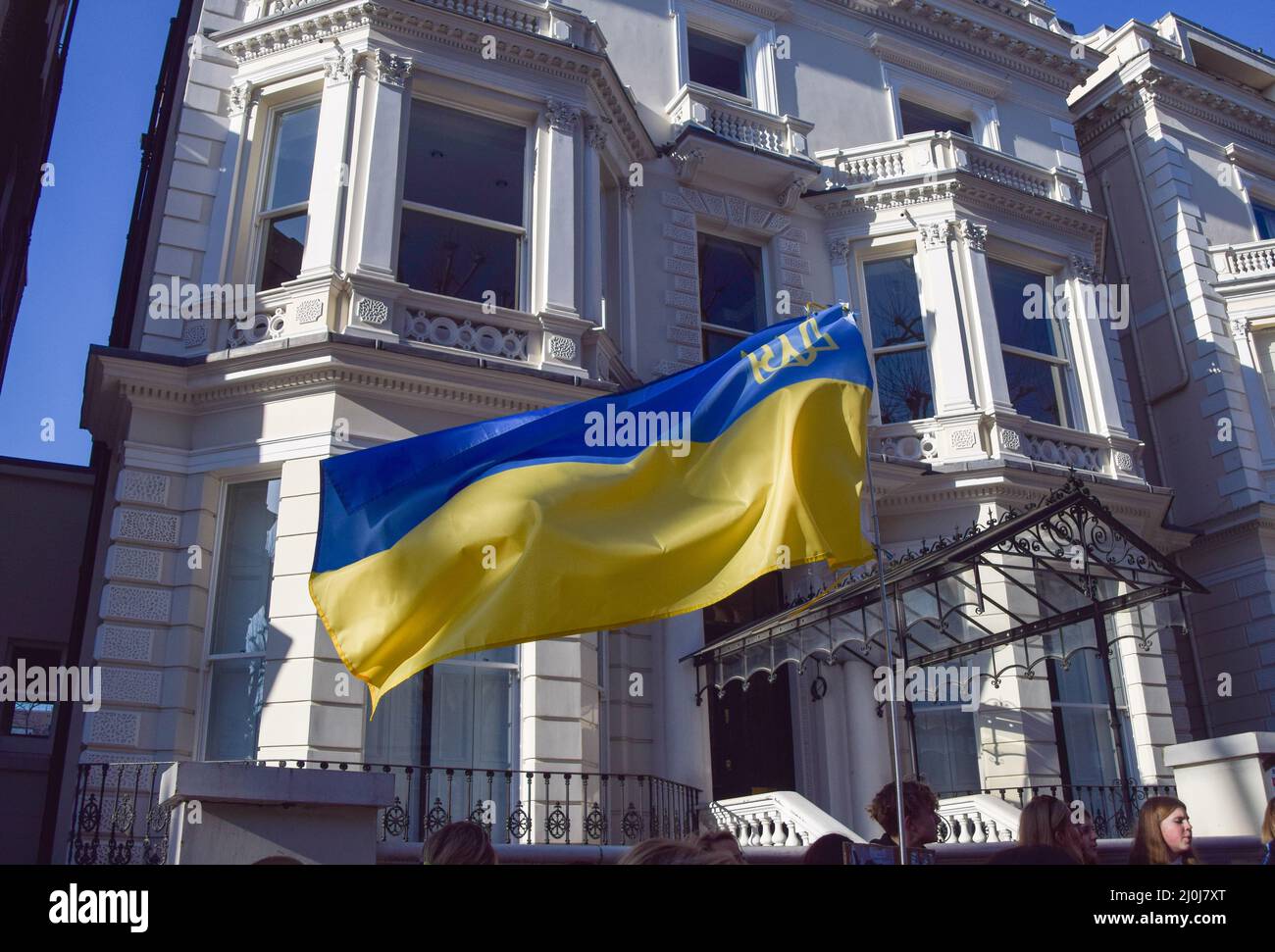 London, UK, 19th March 2022. Demonstrators gathered outside a mansion in  Holland Park owned by Russian oligarch Vladimir Yevtushenkov (aka  Evtushenkov), owner of Kronshtadt, part of Sistema Group, which the  protesters say