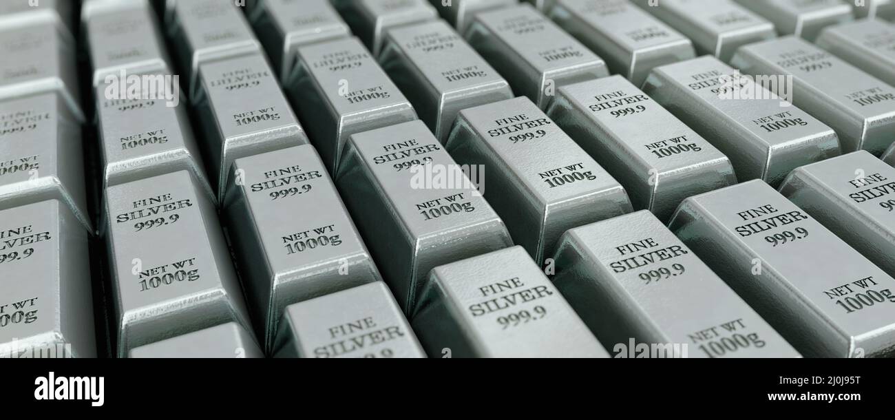Lots of stacked silver bars Stock Photo