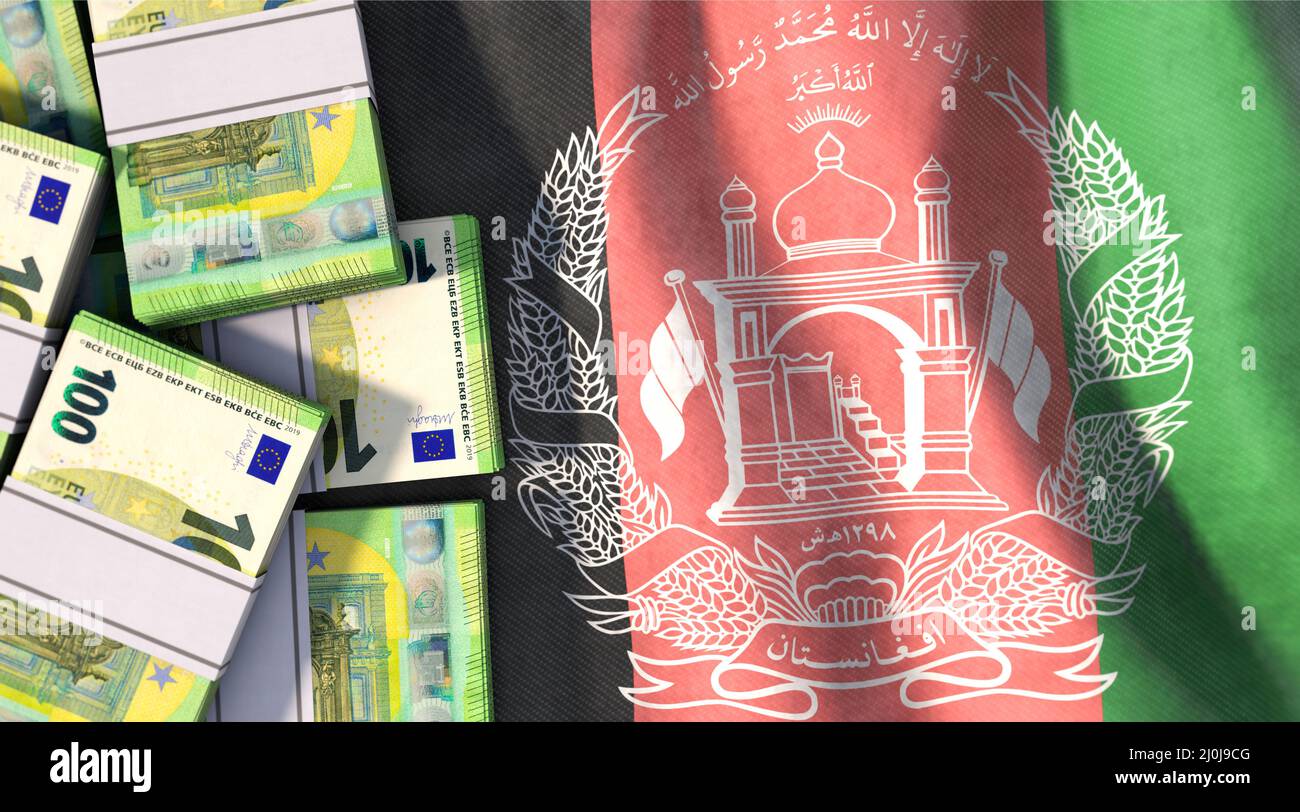 Bundles of euro banknotes lie on Afghanistan flag Stock Photo