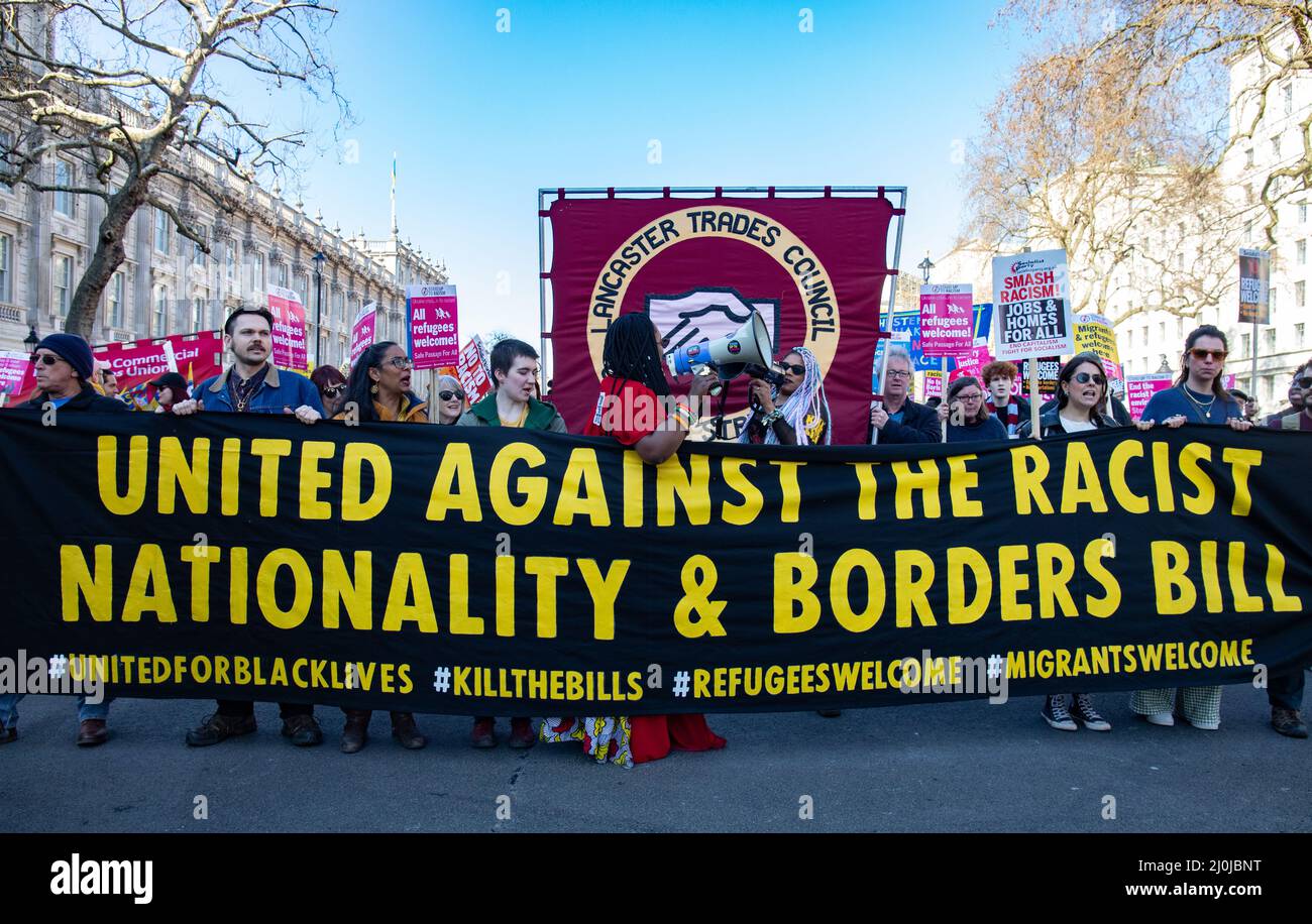 London, England, UK 19 March 2022 Protesters gather at Portland Place for the UN Anti Racism march to Parliament Square, in opposition to the Police, Crime, Sentencing and Courts Bill, Immigration Bill and to say that refugees are welcome Stock Photo