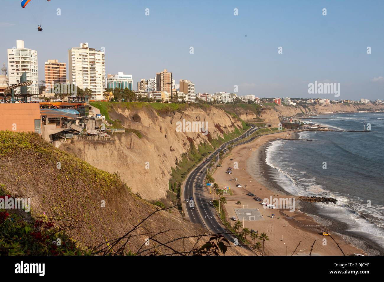 Aerial view of cliffs alongside the Miraflores beach in Lima, Peru ...