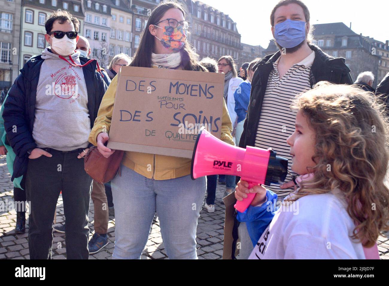 March for Health, health workers demonstrate to denounce the lack of staff in the services and the constant problems in the public hospital. The Segur of Health is criticized, the changes are not sufficient, and the debt of the hospitals is constantly increasing. March 19, 2022, in Strasbourg Northeastern France. Photo by Nicolas Roses/ABACAPRESS.COM Stock Photo