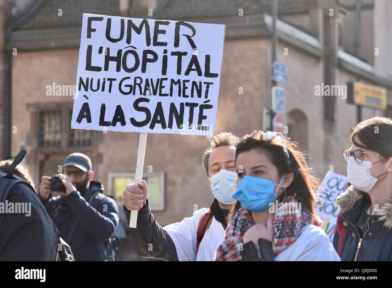 March for Health, health workers demonstrate to denounce the lack of staff in the services and the constant problems in the public hospital. The Segur of Health is criticized, the changes are not sufficient, and the debt of the hospitals is constantly increasing. March 19, 2022, in Strasbourg Northeastern France. Photo by Nicolas Roses/ABACAPRESS.COM Stock Photo