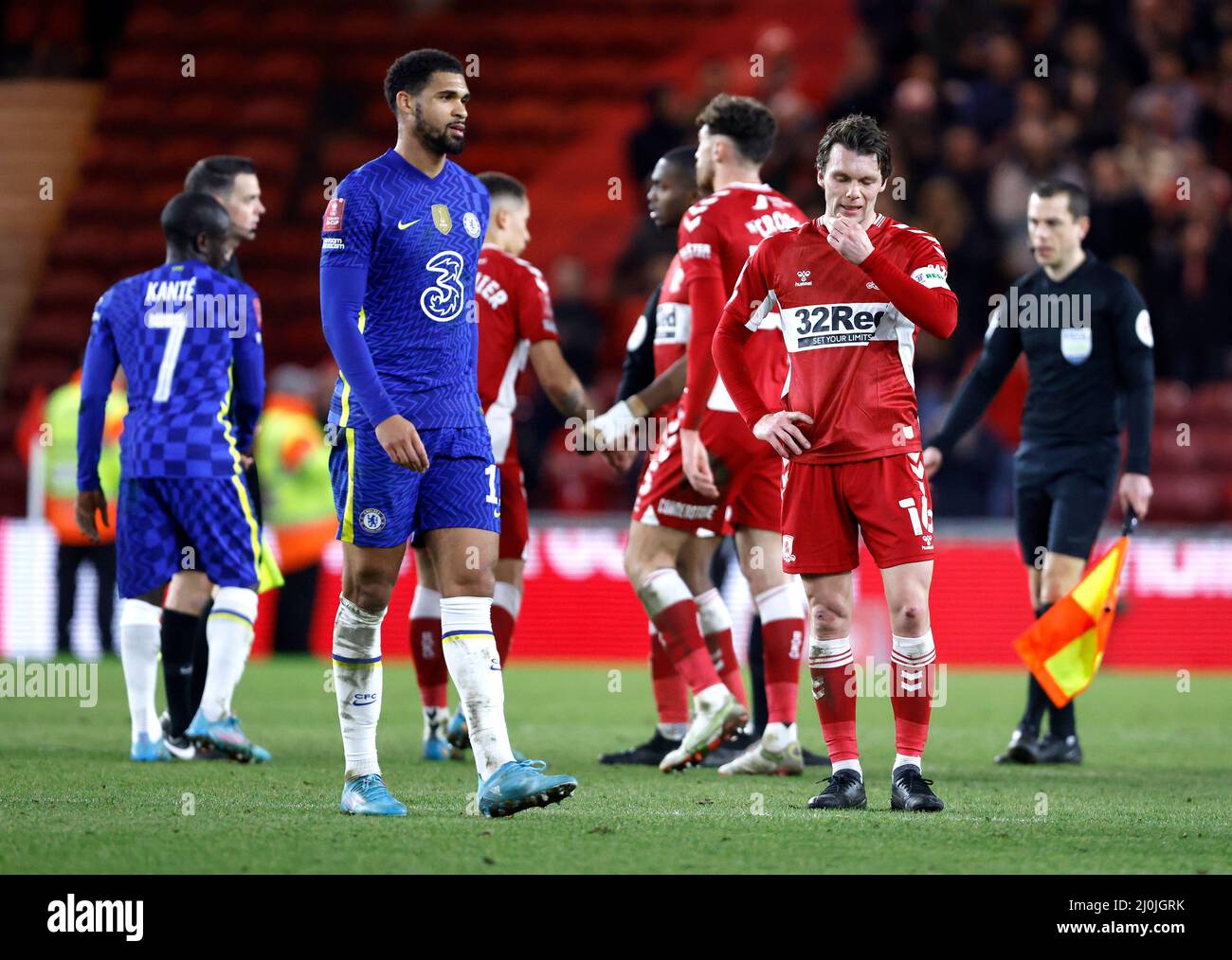 Middlesbrough's Jonny Howson (right) appears dejected after the final whistle in the Emirates FA Cup quarter final match at the Riverside Stadium, Middlesbrough. Picture date: Saturday March 19, 2022. Stock Photo