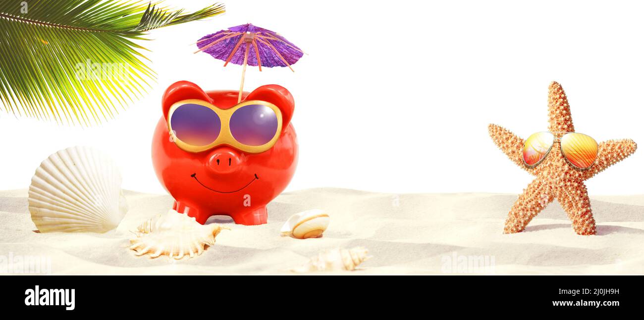 Piggy bank with sunglasses on tropical beach - summer holiday Stock ...