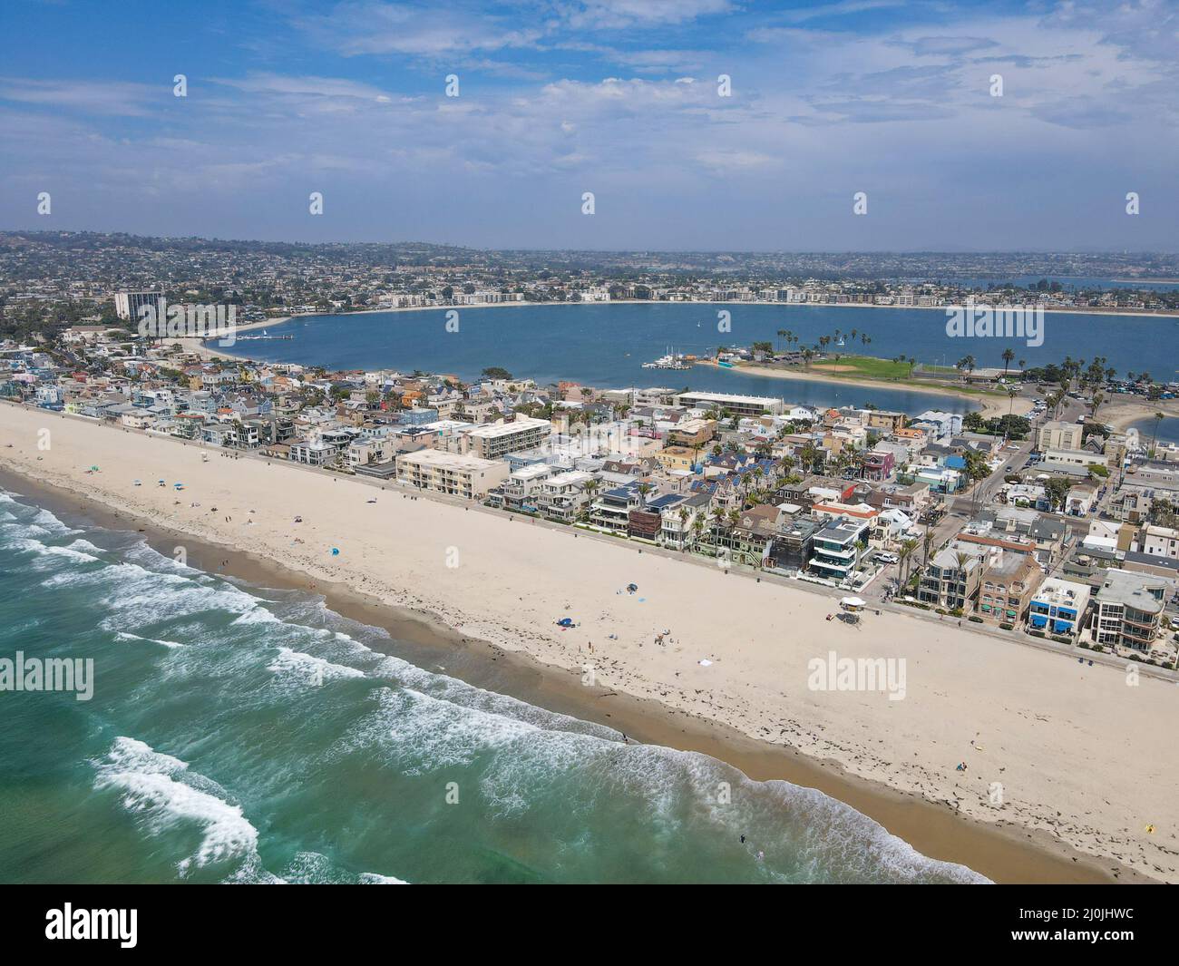 Aerial view of Mission Bay and beaches in San Diego, California. USA