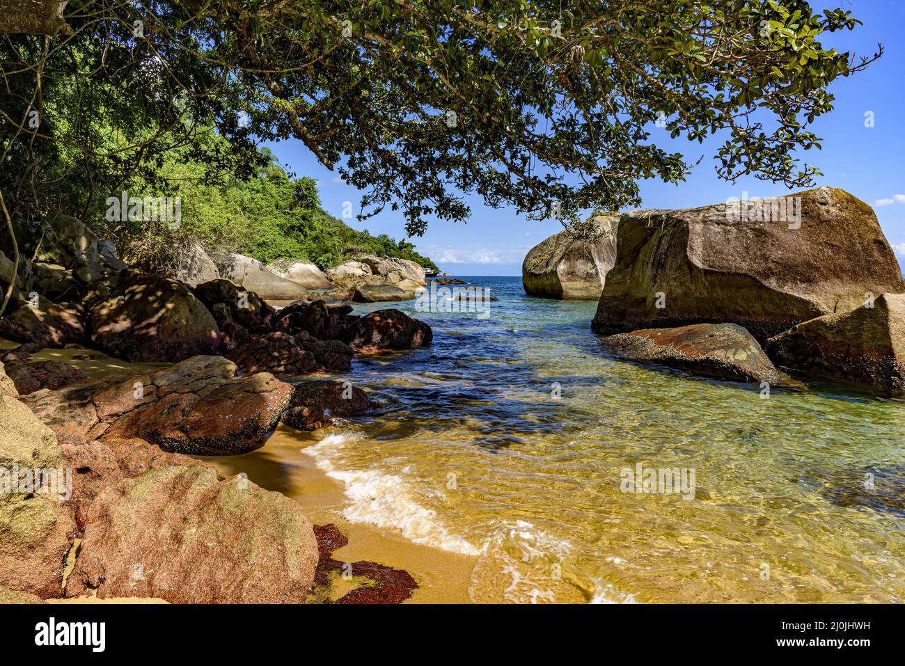 Untouched beach surrounded by rainforest on Ilha Grande Stock Photo