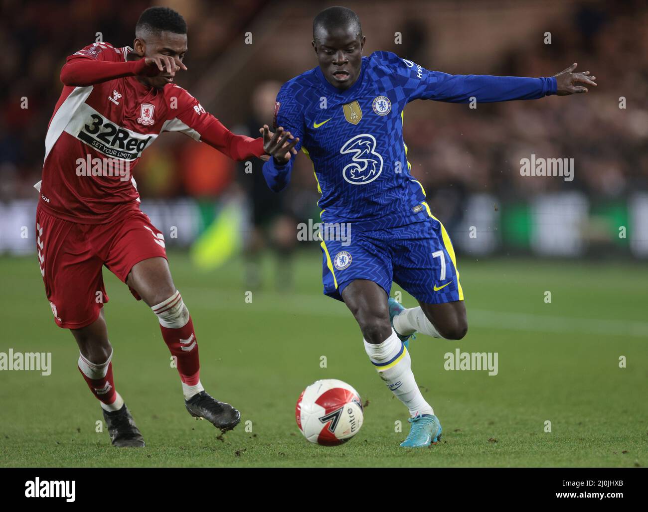Soccer Football - FA Cup Quarter Final - Middlesbrough v Chelsea - Riverside Stadium, Middlesbrough, Britain - March 19, 2022  Chelsea's N'Golo Kante in action with Middlesbrough's Isaiah Jones Action Images via Reuters/Lee Smith Stock Photo