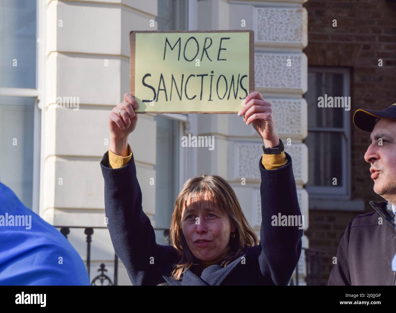 London, UK, 19th March 2022. Demonstrators gathered outside a mansion in  Holland Park owned by Russian oligarch Vladimir Yevtushenkov (aka  Evtushenkov), owner of Kronshtadt, part of Sistema Group, which the  protesters say