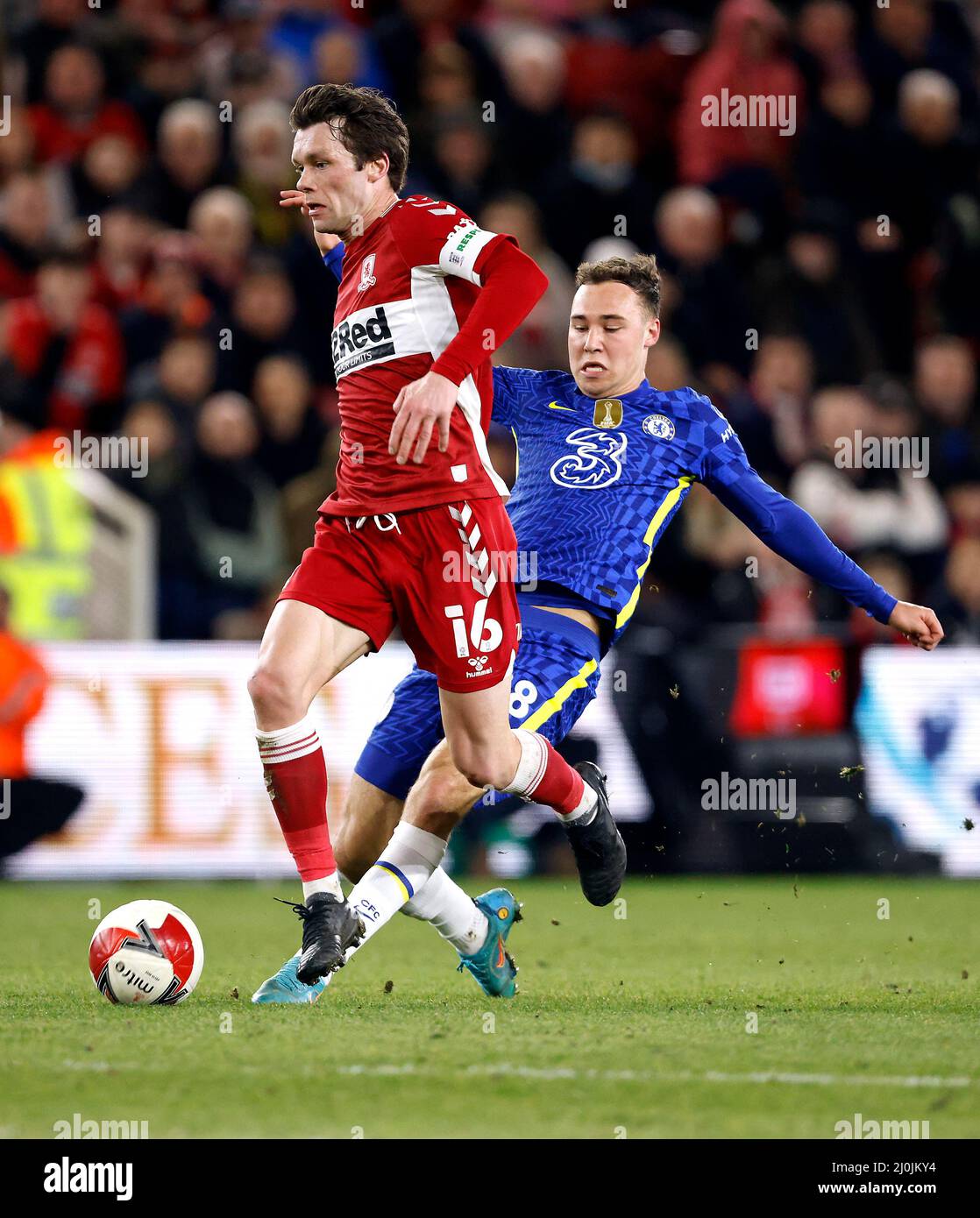 Chelsea's Harvey Vale (right) makes a tackle on Middlesbrough's Jonny Howson during the Emirates FA Cup quarter final match at the Riverside Stadium, Middlesbrough. Picture date: Saturday March 19, 2022. Stock Photo